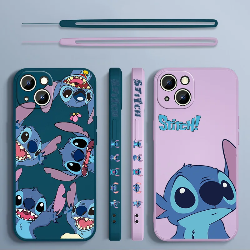 Stitch The Baby Disney Cover For Apple iPhone 13 12 11 Pro Max mini XS XR X 8 7 6S 6 Plus Liquid Left Rope Phone Case iphone 13 pro max leather case
