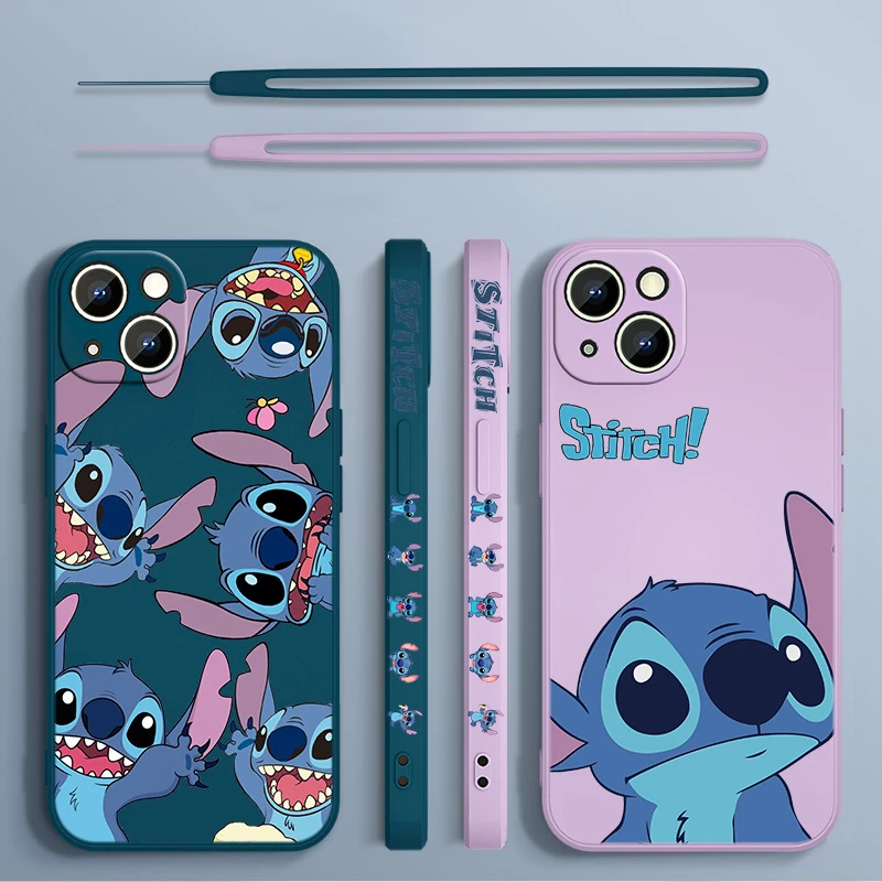 Stitch The Baby Disney Cover For Apple iPhone 13 12 11 Pro Max mini XS XR X 8 7 6S 6 Plus Liquid Left Rope Phone Case iphone 13 pro max leather case