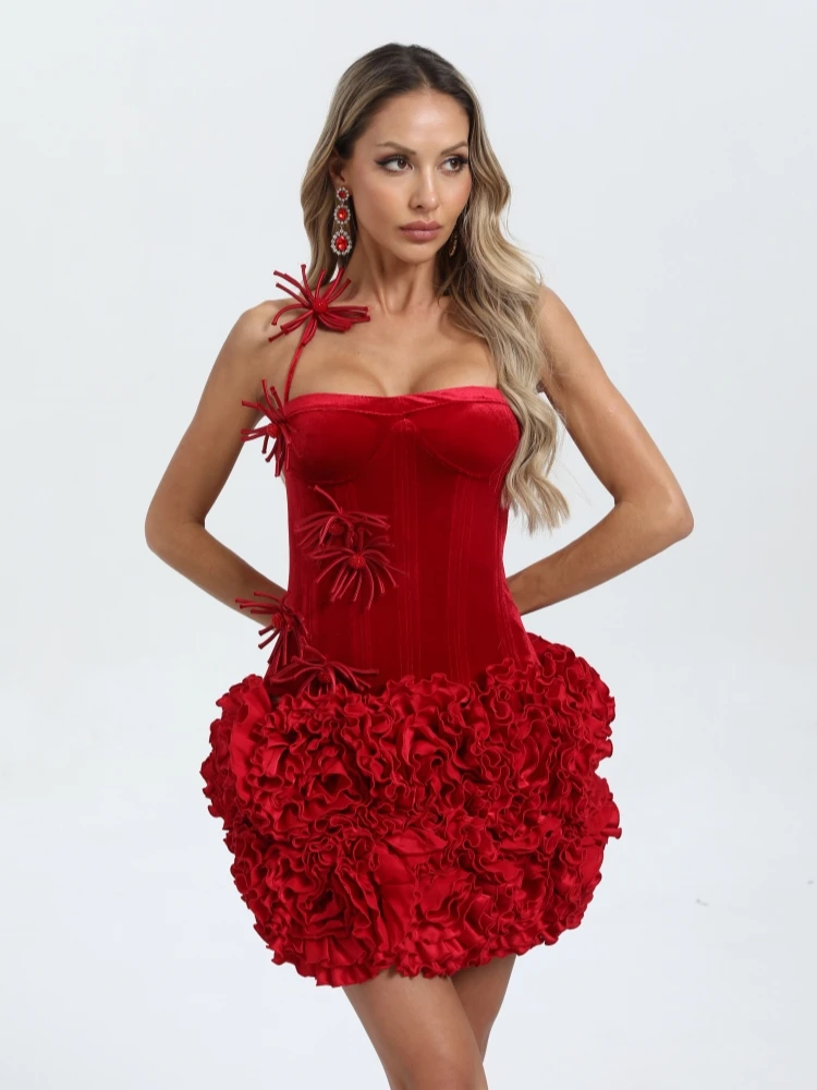 Women's Flower Skirt Two Piece Set Sexy Halter Floral Black Red