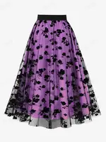 ROSEGAL-Floral Leaf Flocking Mesh Skirts for Women, Plus Size 3 Colors Elastic Waist, Midi Skirt, Streetwear Skirt, New Arrival - Image 2