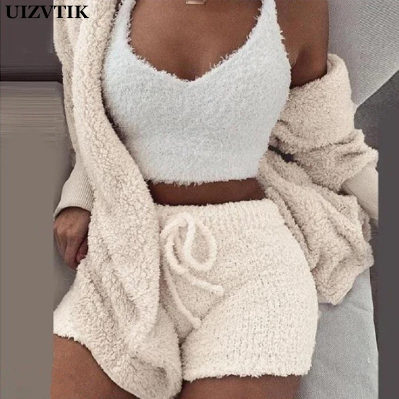 

Fall 2023 Fashion Women Clothing Set for Women 3 Pieces Long Sleeve Jacket Crop Top + Shorts Set Plush Casual Suits for Women