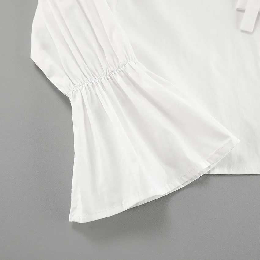 Blusa de gasa con cordones y aberturas para mujer, blusa de manga larga con solapa y parches, estilo vendaje, ropa de abrigo blanca para mujer