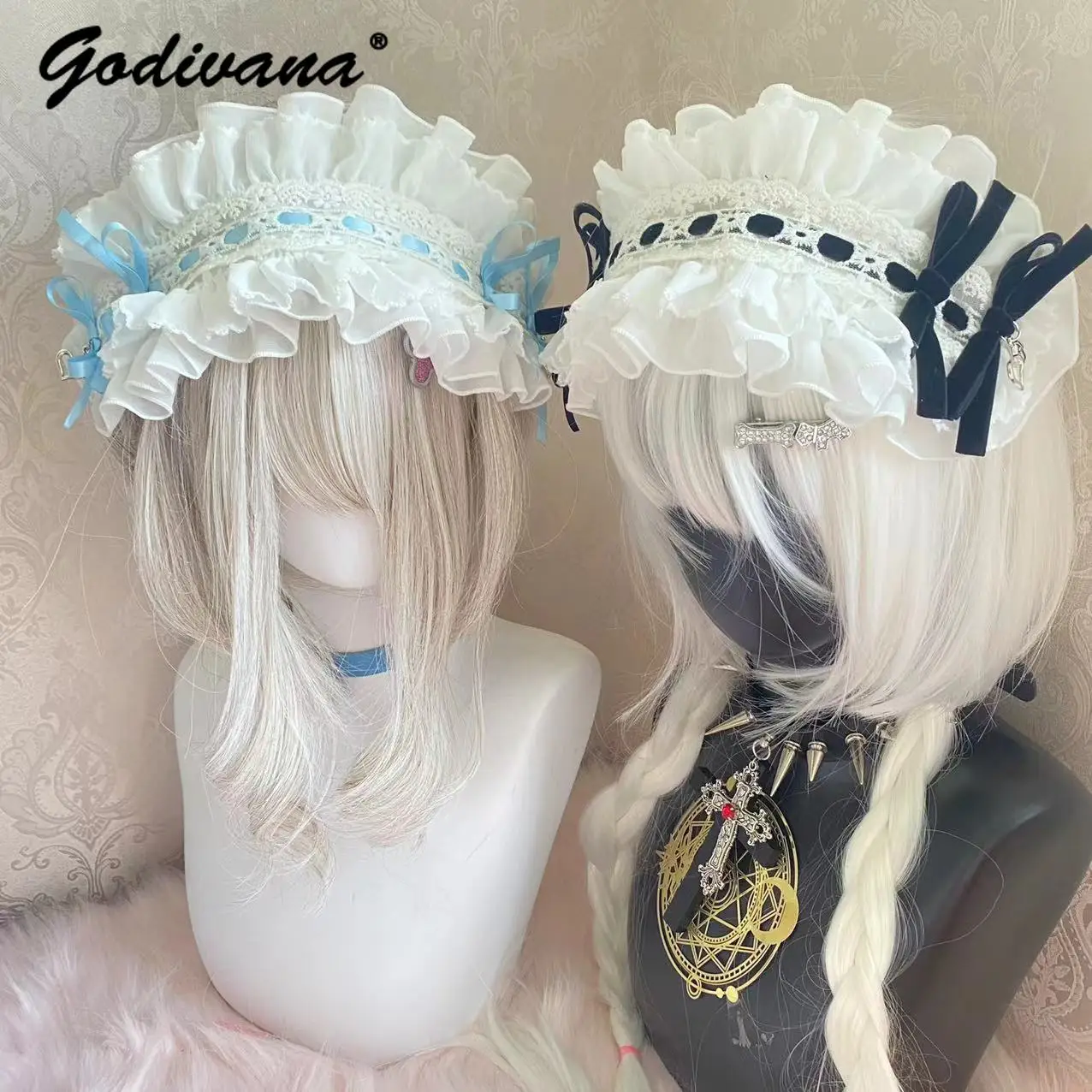 

Lolita Japanese Mine Water Color System Bow Hair Band Sweet Girl Women's Pleated Lace Bow Headband Cosplay Cute Hairband