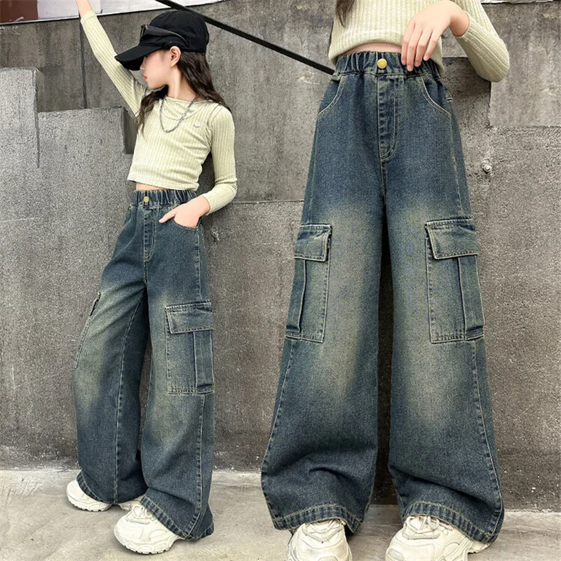 Mädchen Cargo-Jeans Kinder Lässige Weite Hosen Teenager Mode Streetwear Baggy Hosen Kinderkleidung 5-12 Jahre – Detail 1
