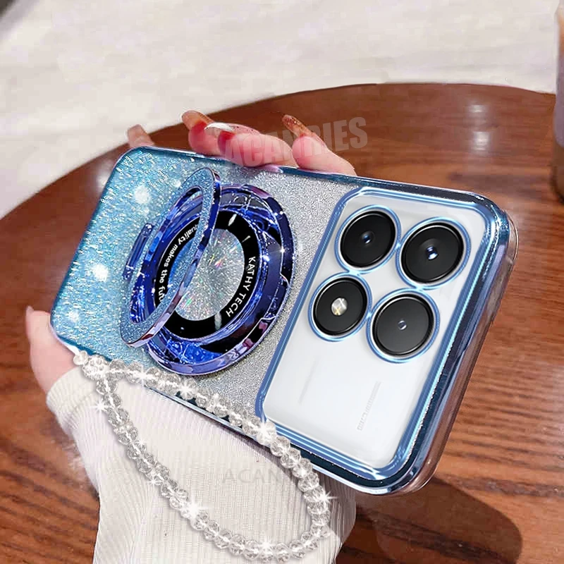 Glitter Plating Holder Chain Case with Lanyard and Silicone Stand Cover