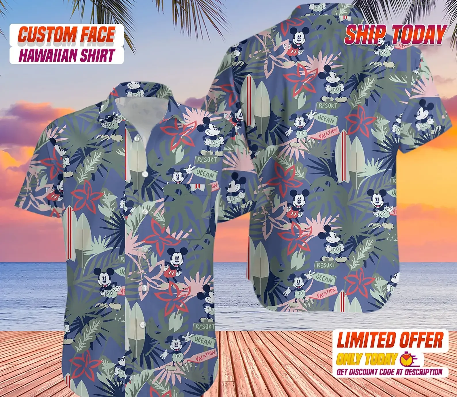 

2024 модная гавайская рубашка Disney с Микки Маусом, мужская рубашка с пуговицами, дышащая пляжная рубашка с тропическими элементами Диснея