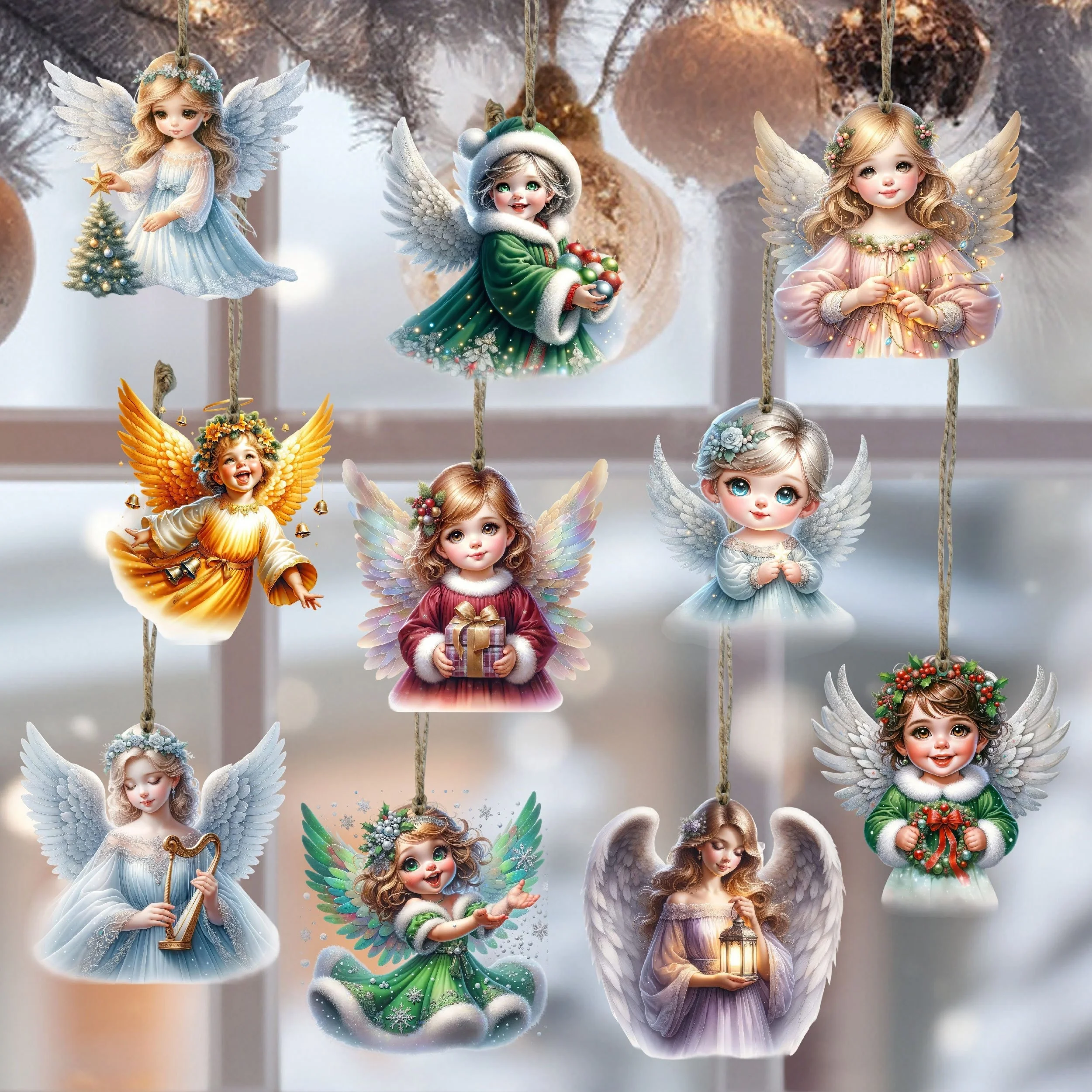10PCS Handmade Wooden Christmas Angel Ornament Rope Holiday Tree Decoration Battery Free