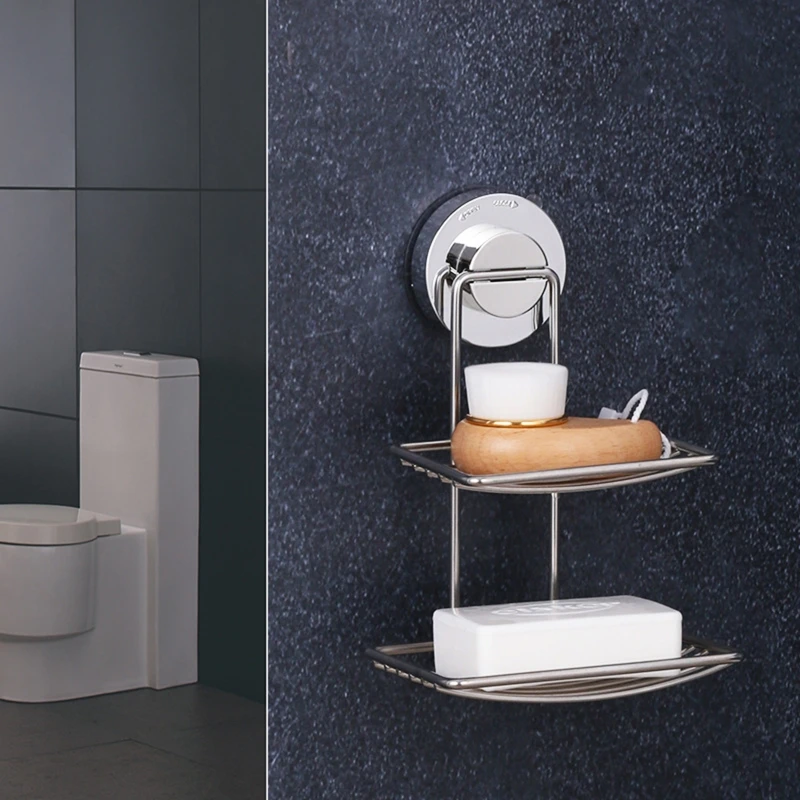 Wall Mounted 2 Tier Soap Dish with Suction Cup Soaps Storage Box Container for Home Bedroom Bathroom No Drilling