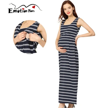 Plus Size New Summer Maternity Long Dress Cotton Women Pregnant Dress Sleeveless Stripe Breastfeeding Lactancia Dresses
