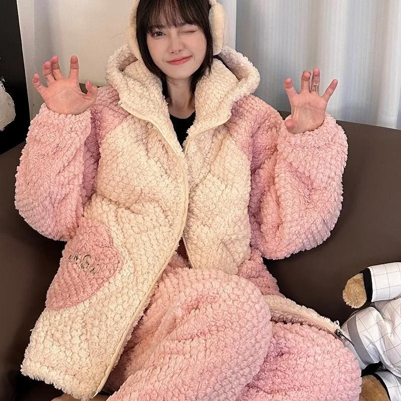 2024 New Popular Winter Three-layer Cotton Sleepwear Girls Warm Pajamas Home Clothes Set Thickened Velvet Coral Loungewear Suit