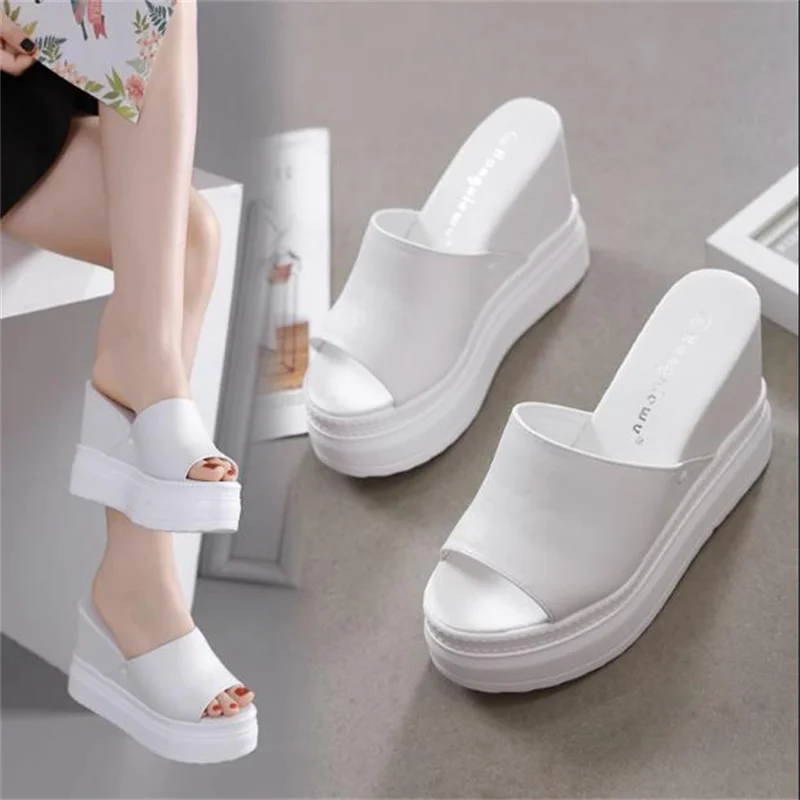 

Inside increase muffin fish mouth sandals 10CM wedge heel thick waterproof platform white summer new high heels for women