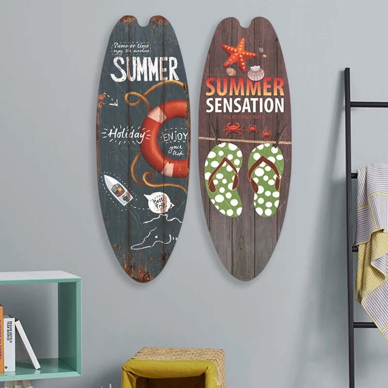 String Festival Bar Home Decor 2Pcs Vintage Wooden Sign Surfboard Wooden Sign Beach Style Hanging