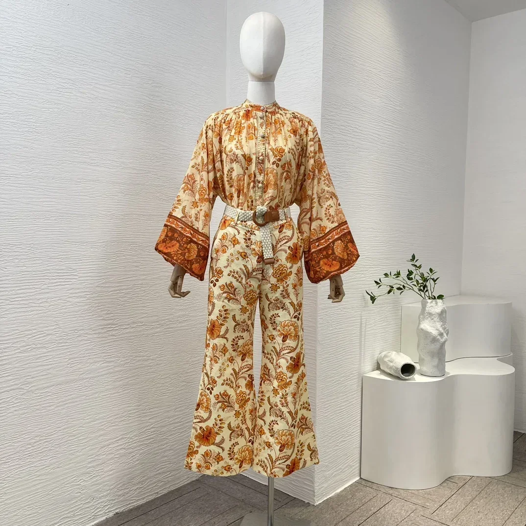 

Top Qaulity 2024 New Linen Lantern Sleeve Blouse and Belted Mid-waisted Flare Pants Orange Floral Print Women Set