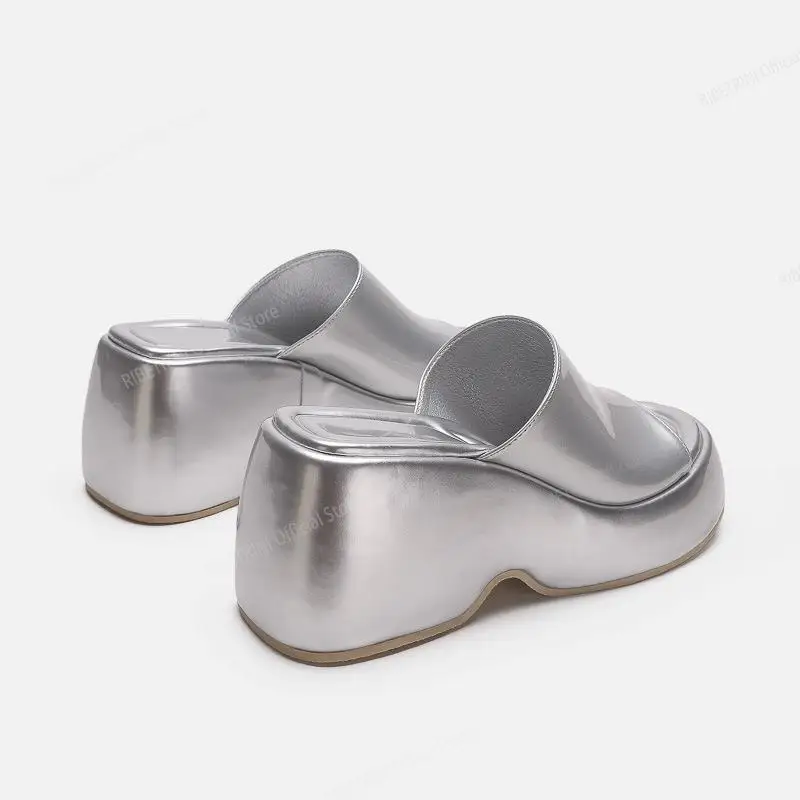 

Platform Wedges Sandals Mules Silver Fashion Sexy Brand New Shoes Women Peep Toe Super High Heels Summer Popular Chunky