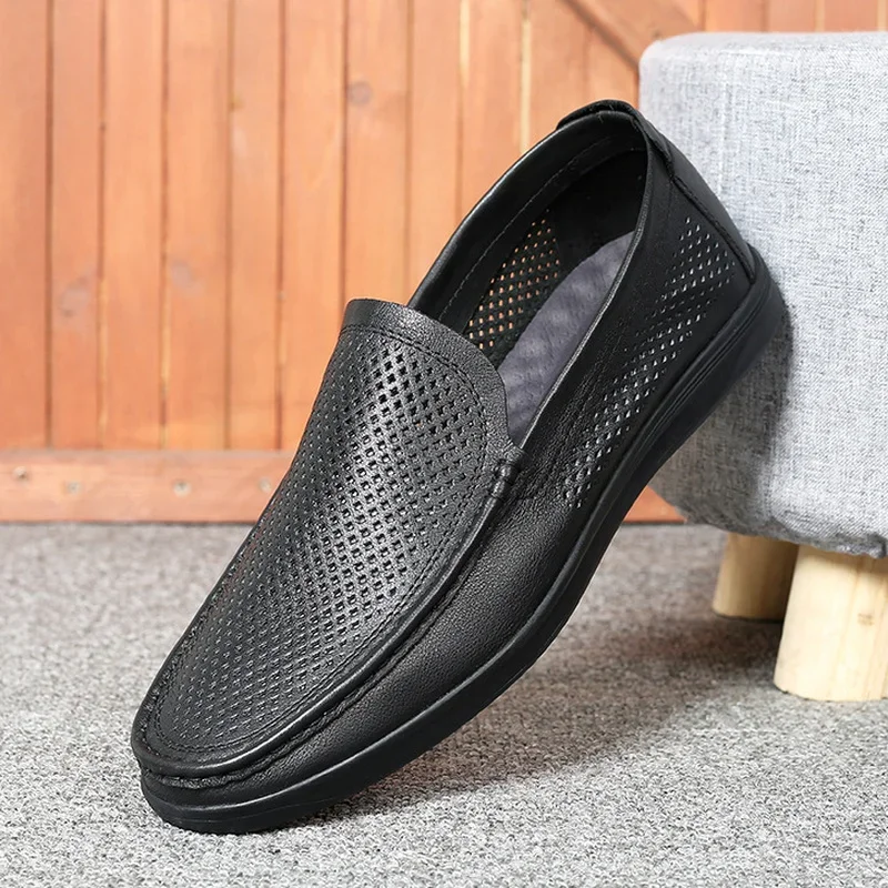 

Vintage Men's Genuine Leather Hollowed Casual Shoes Summer Breathable Men Soft Soles Loafers Handmade Luxury Sewing Flats