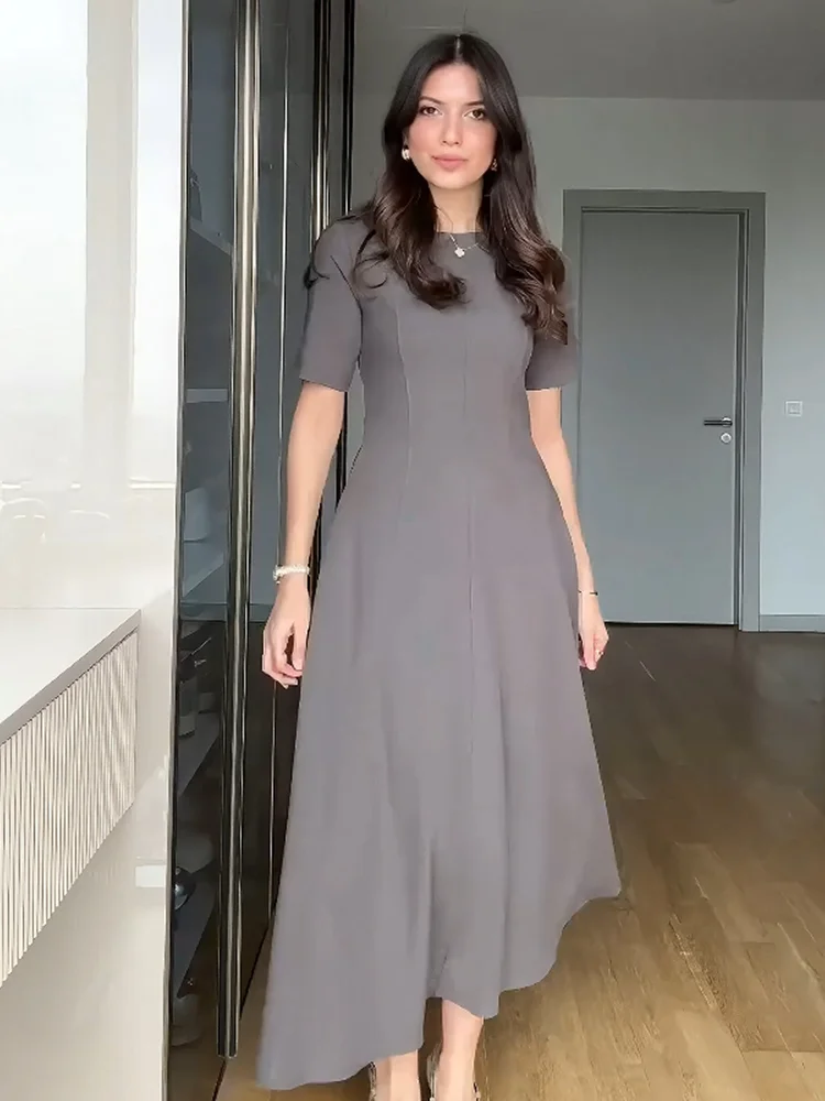 فستان RARA نسائي طويل رمادي برقبة دائرية وأكمام قص...