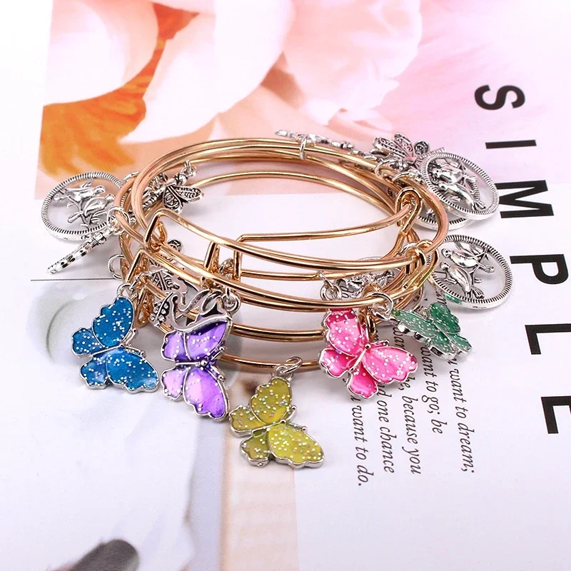 5pcs Bangle Set Butterfly Charm Bracelets for Women Birds Dragonfly Peace Dove Charms Bangles Cuff Jewlery E36