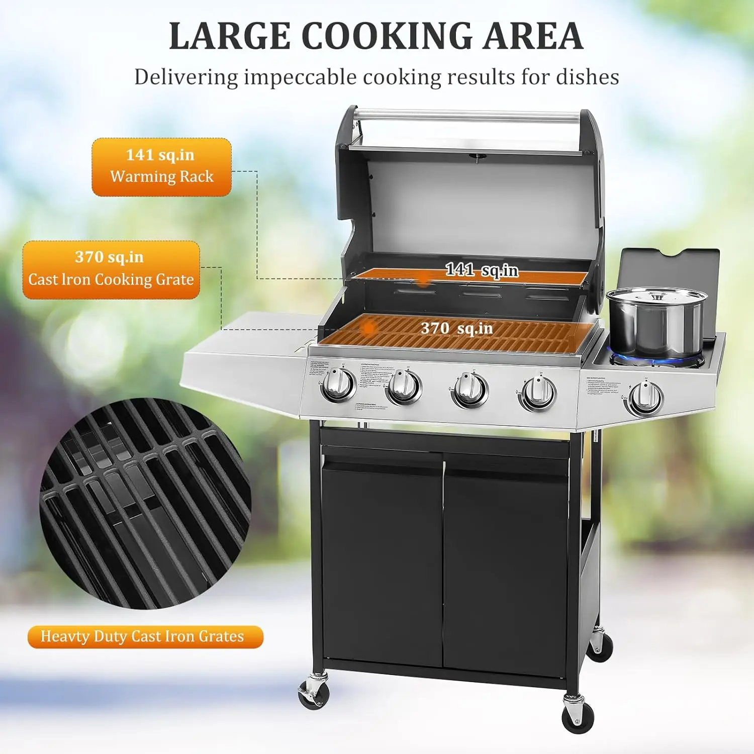 4- Propane Gas BBQ Grill with Side Burner & Porcelain-Enameled Cast Iron Grates Built-in Thermometer, 49,000 BTU O 4
