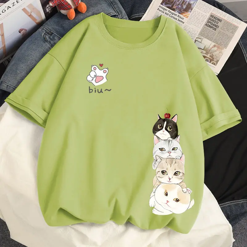 Cotton Cute Cat T Shirt Loose Size Short Sleeve T-shirt Summer Girl Student Top Tees T-shirt Women Clothing Plus 35-100kg petite maternity clothes