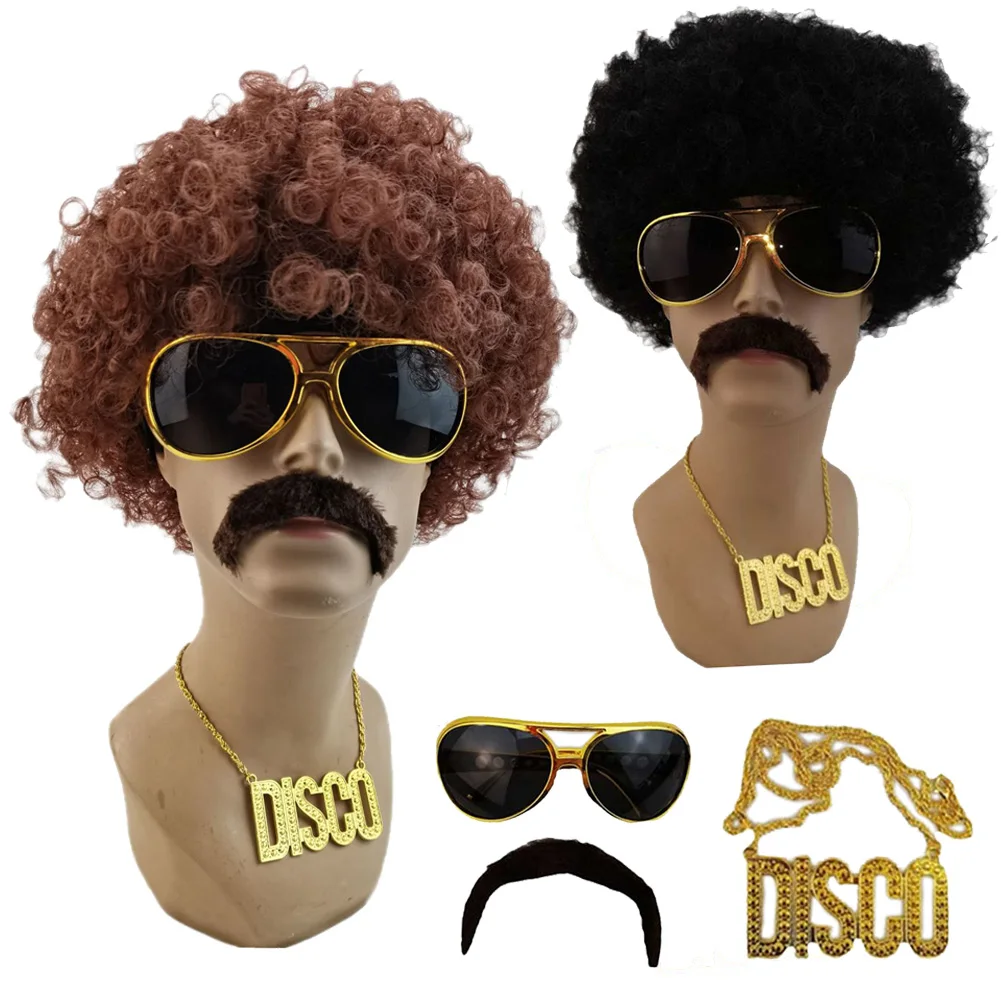 4-teiliges Hippie-Kostüm-Set – Afro-Perücke, Sonnenbrille, Friedenszeichen-Halskette & Schnurrbart | Für 70er-Party & Halloween