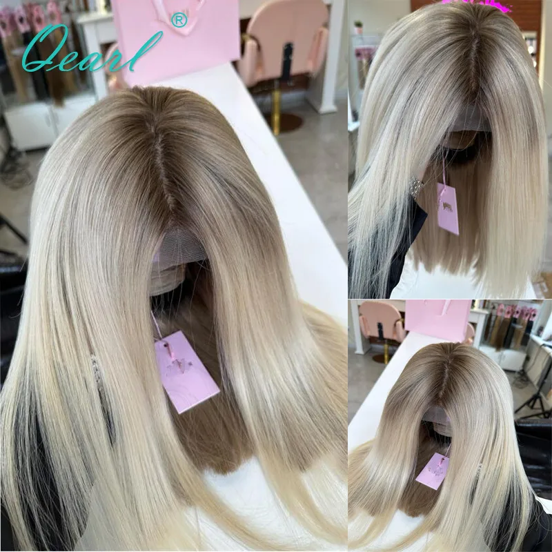 

New in Short Bob Lace Front Wig Ash Brown Roots Platinum Blonde Brazilian Human Hair Wig Sale Straight HD Lace Frontal Wig Qearl