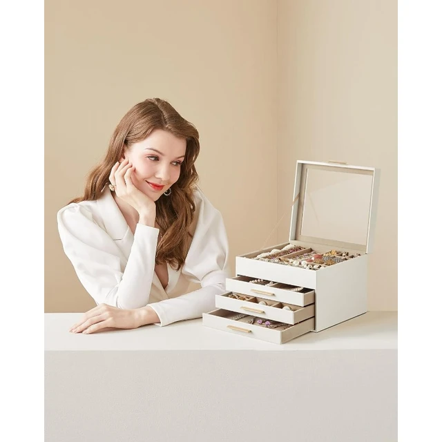 5-Layer Jewelry Organizer with 3-Side Drawers with Big Mirror, Cloud White  and Metallic Gold