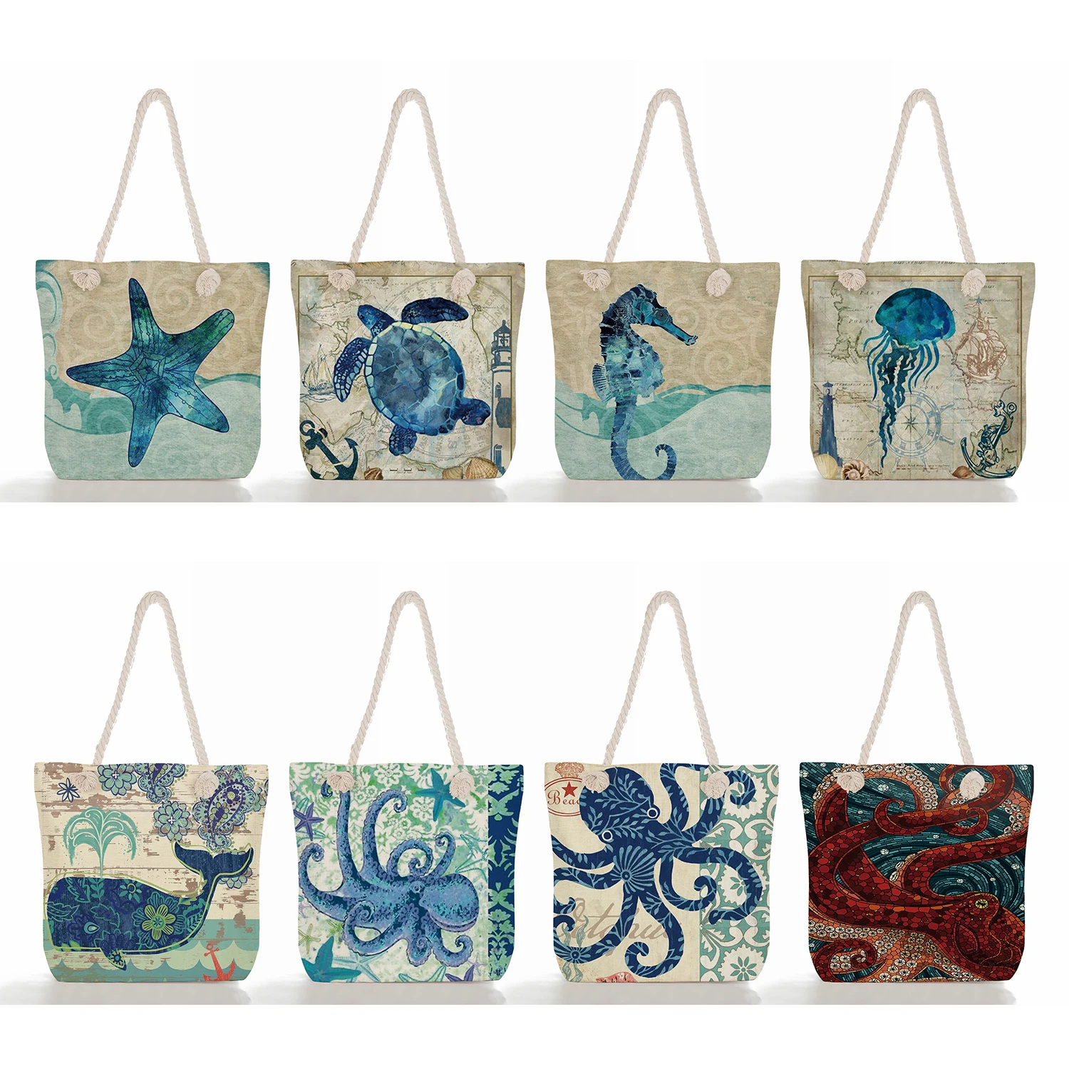 

Custom Eco Reusable Fashion Marine Organism Women Shoulder Bag Creativity Designs Tortoise Octopus Print Handbags Shopping Bags
