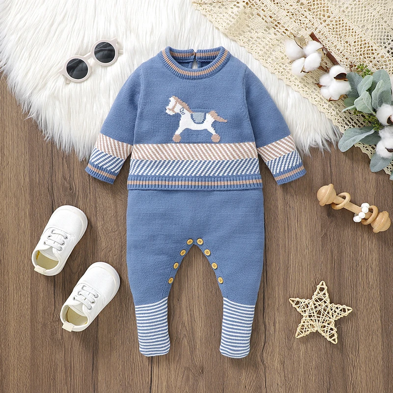 

Baby Rompers Blue Long Sleeve Knit Newborn Boys Jumpsuits Playsuits Autumn Winter Infant Unisex Outfits One Pieces Kids Costumes