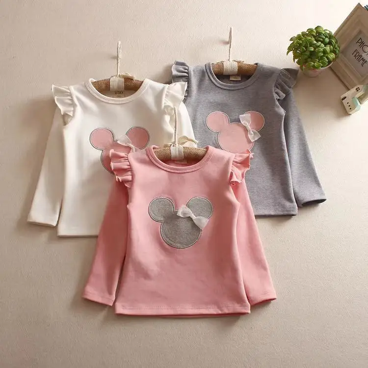 New Full Sleeve Spring Autumn T-shirt Ruffles Sleeve Cute Pattern Blouse for Kids Girls Solid Cotton Winter Tops for 3-8Yrs