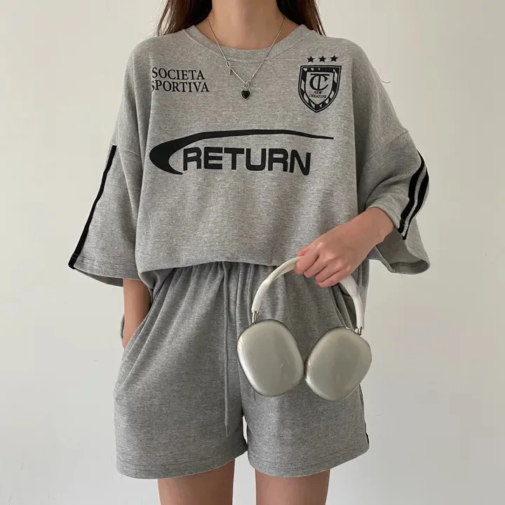 High Waist Shorts 2024 New Fashion Vintage Loose Suits For Women Casual Streetwear Straight Two Piece Shorts Sets Y2k Tracksuits