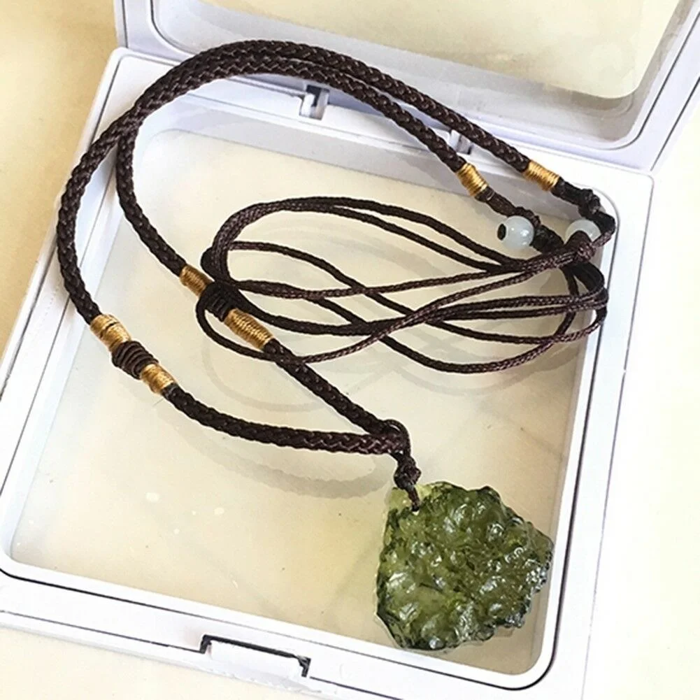 Natural Unique Crystal Quartz Necklace Green Stone Moldavite Pendant Meteorite Outer Space Aerolite Impact Glass Healing Energy