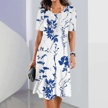 여성용 반팔 O-넥 의류, 원피스 우아한 드레스, 여름 휴가, 느슨한 스트리트웨어, 분쇄 꽃 프린트, 2024