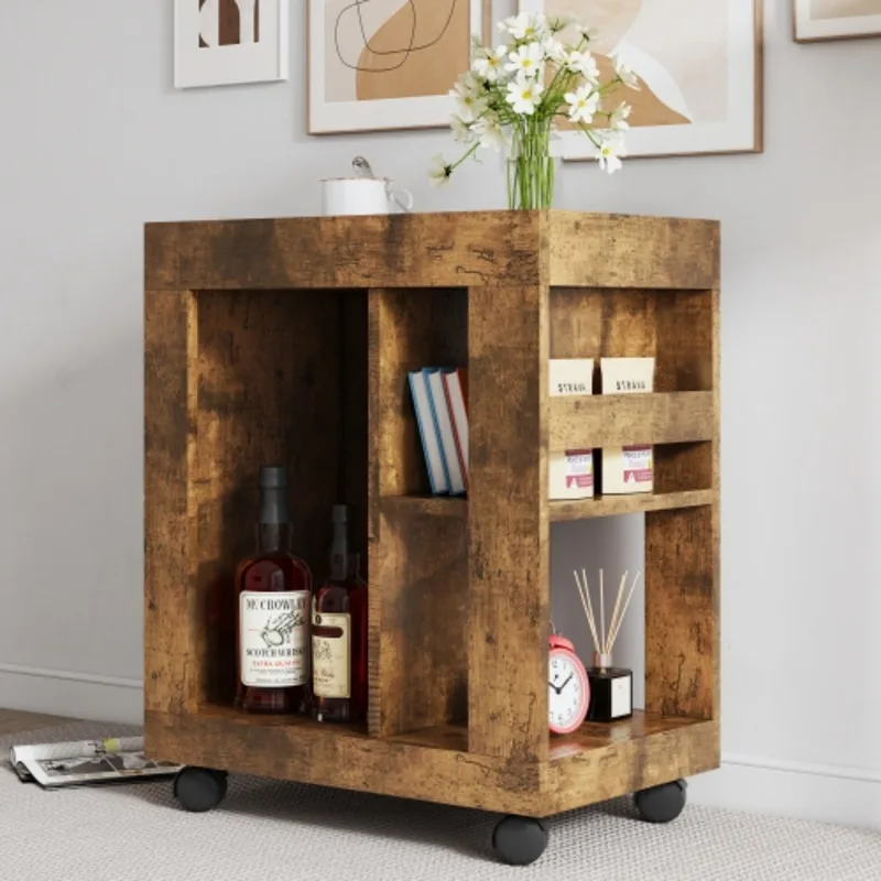 Mid-Century Modern Style Movable Side Cabinet Sofa, Household Brown Trolley Storage Locker And Shelf For Living Room 5
