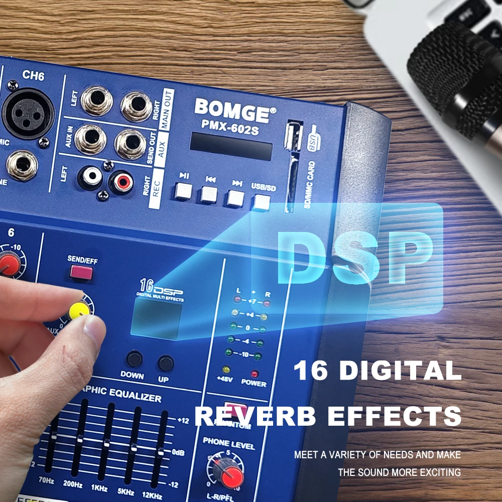 Professional 6 Channel Audio Mixer With Wireless microphone system Mixing Sound Console Card USB interface 48V for karaoke DJ