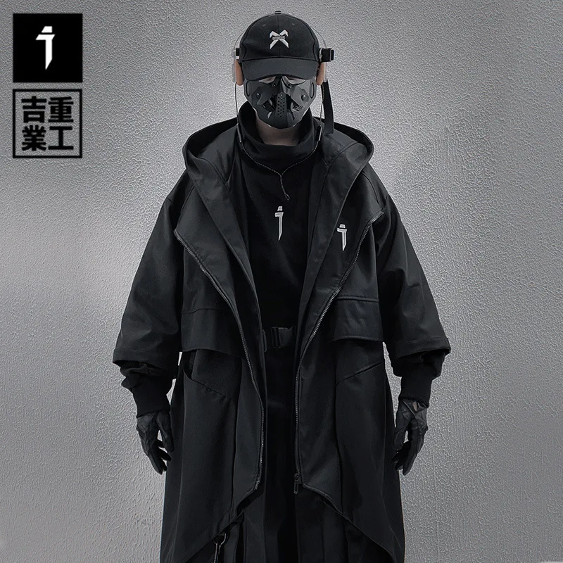 Irregular Design Tactical Function Trench Coat Mens Clothing Y2K Techwear High Street Mid-length Techwear Outerwear