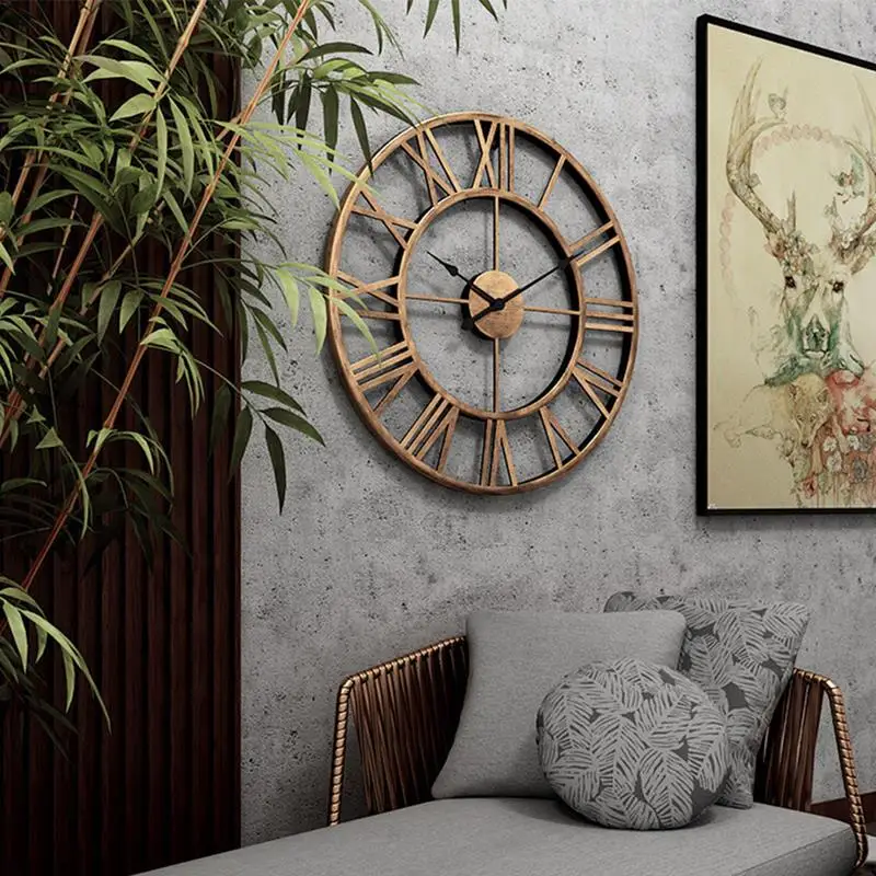 Iron Silent Wall Clock Simple Wall Clock Decor Home Decorative Wall Clock Living Room Wall Clock (Golden Embryo Golden Stitches)