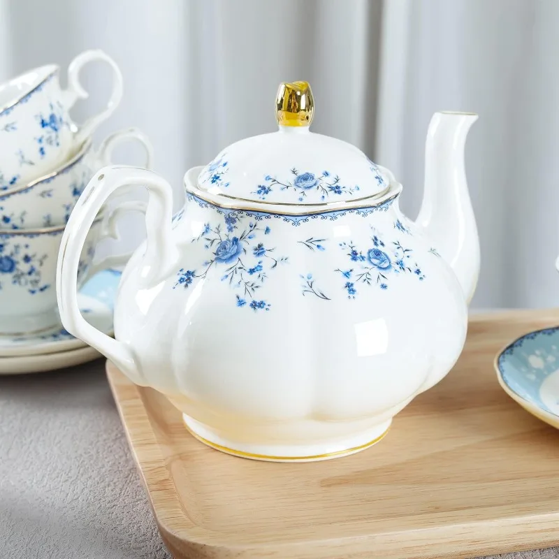 Porcelain Tea Set, British Floral Teapot with Tea Cups, Women Party Set for 6