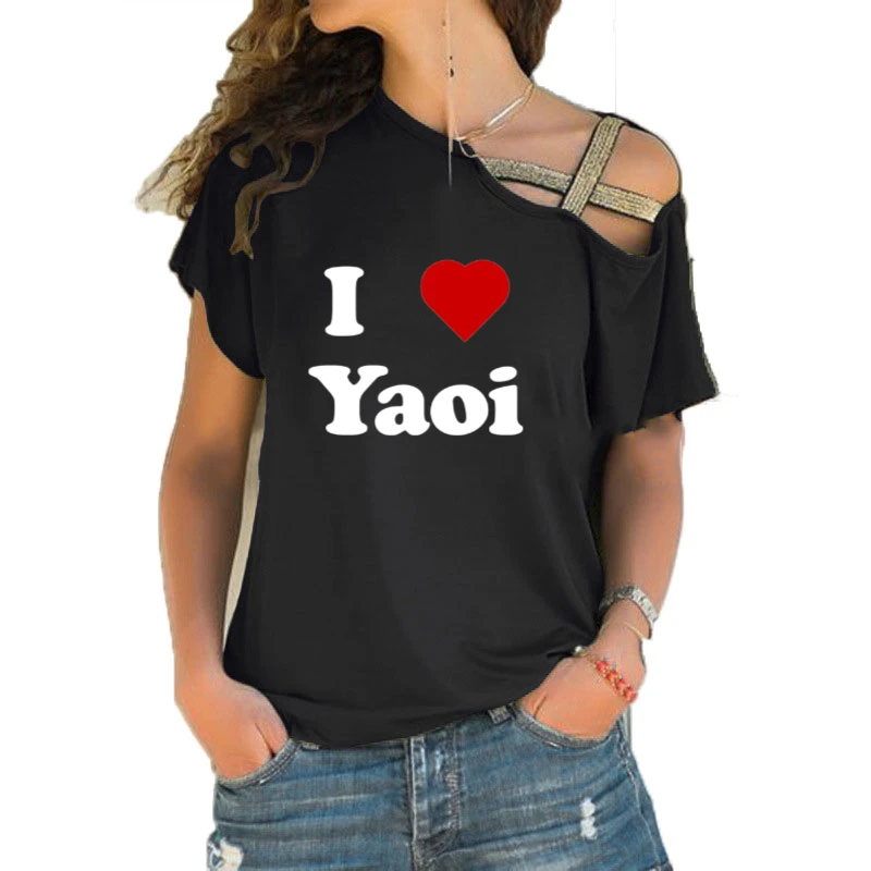 Femmes T-shirt ample Slash cou T-shirt dames décontracté j'aime Yaoi T-shirt été décontracté irrégulier biais croix pansement hauts