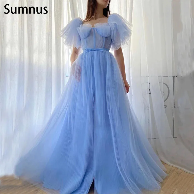 

Sumnus Blue Square Neck Sash Puffy Sleeve Tulle Prom Dresses 2022 Pleats A-Line Split Backless Evening Gowns Robes De Soirée