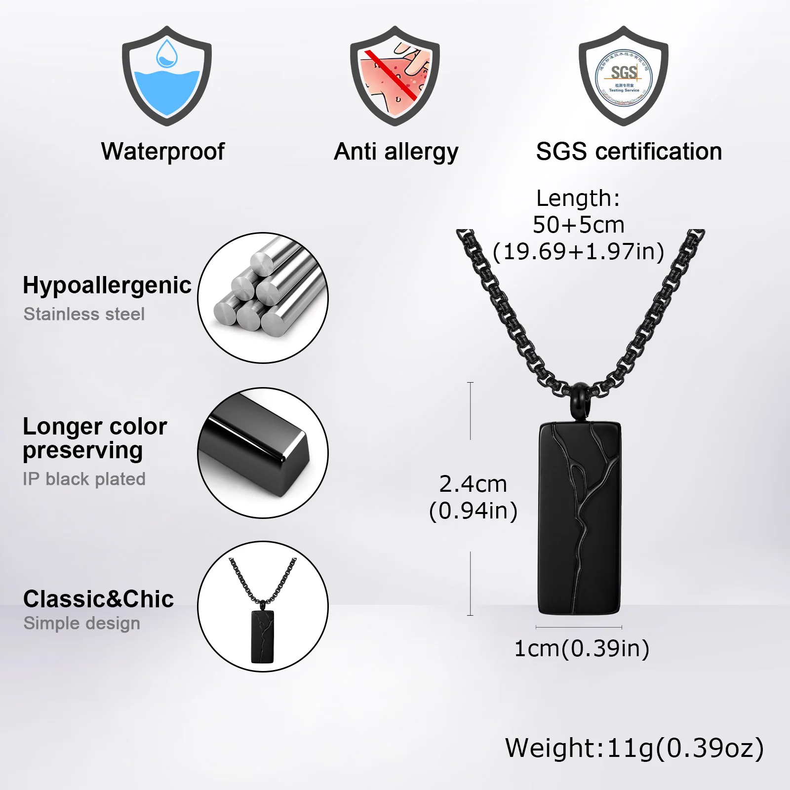 Stainless Steel Punk Cracked Square Pendant Necklace for Men