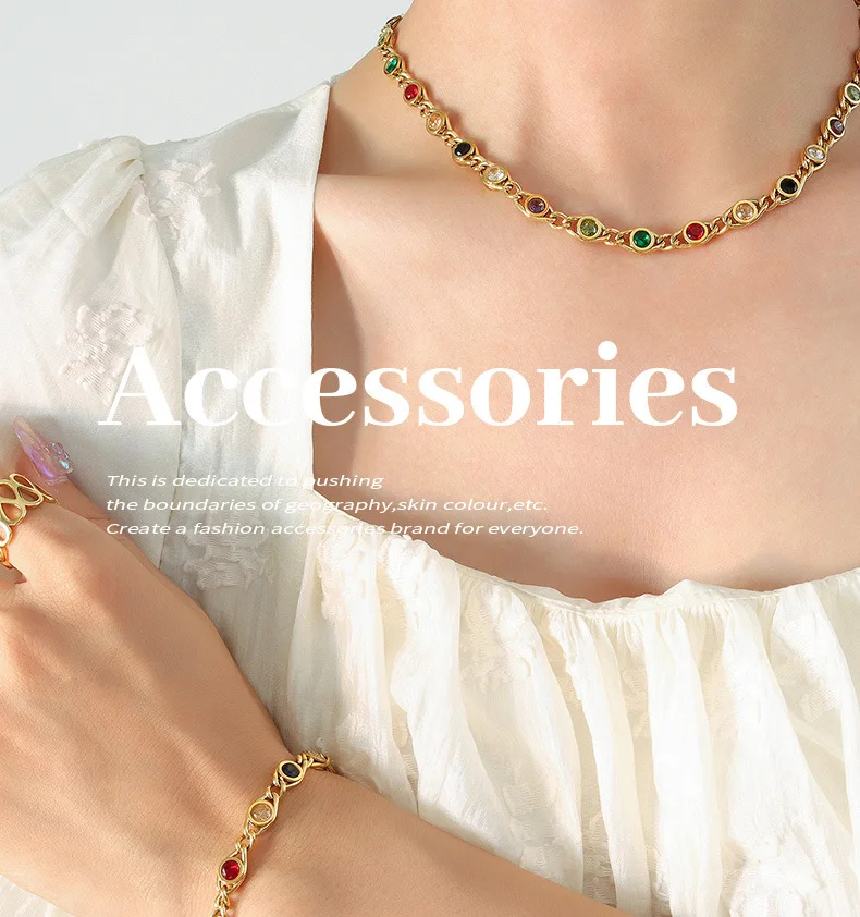 Fashion Colorful Zircon Necklace Bracelet Fashion Niche Fish Eye Stitch Chain Jewelry Set Accessories