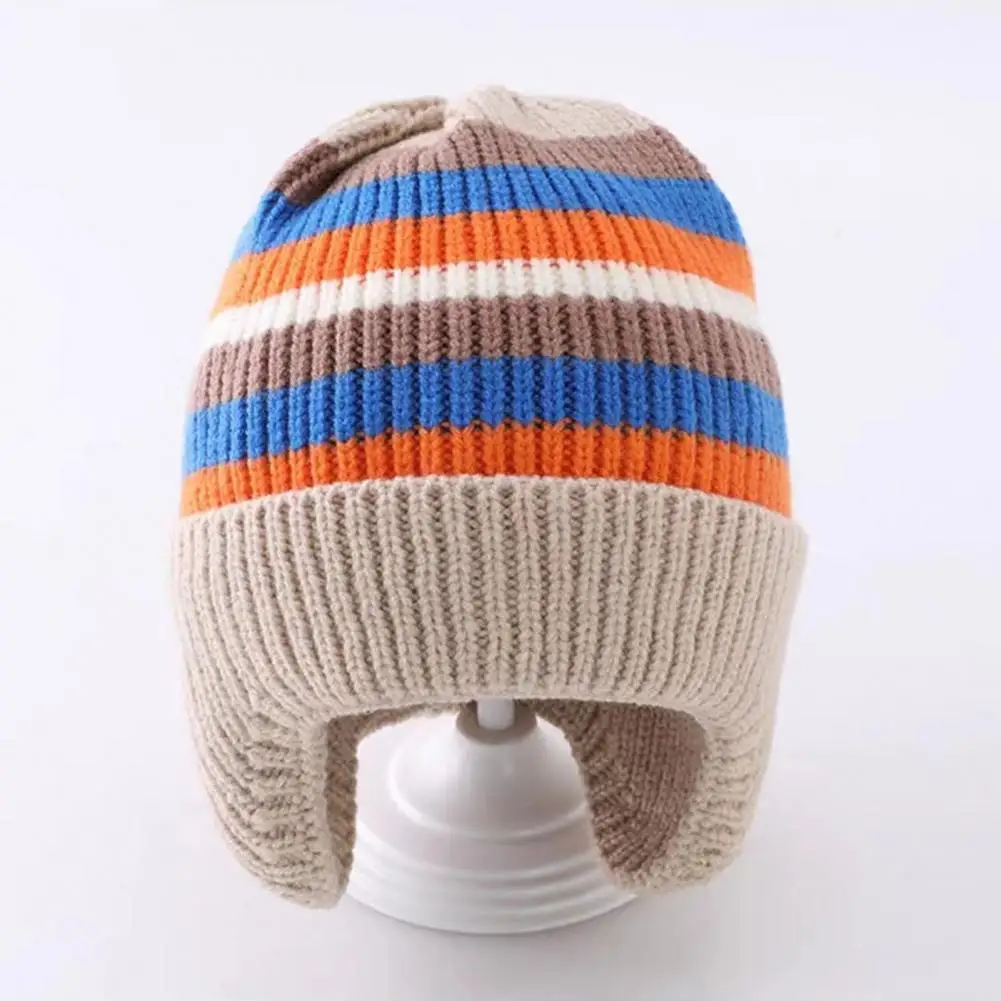 Durable Children Beanie Striped Rainbow Knitted Winter Hat for Kids Thick Warm Beanie Cap with Elastic Ear Protection Unisex