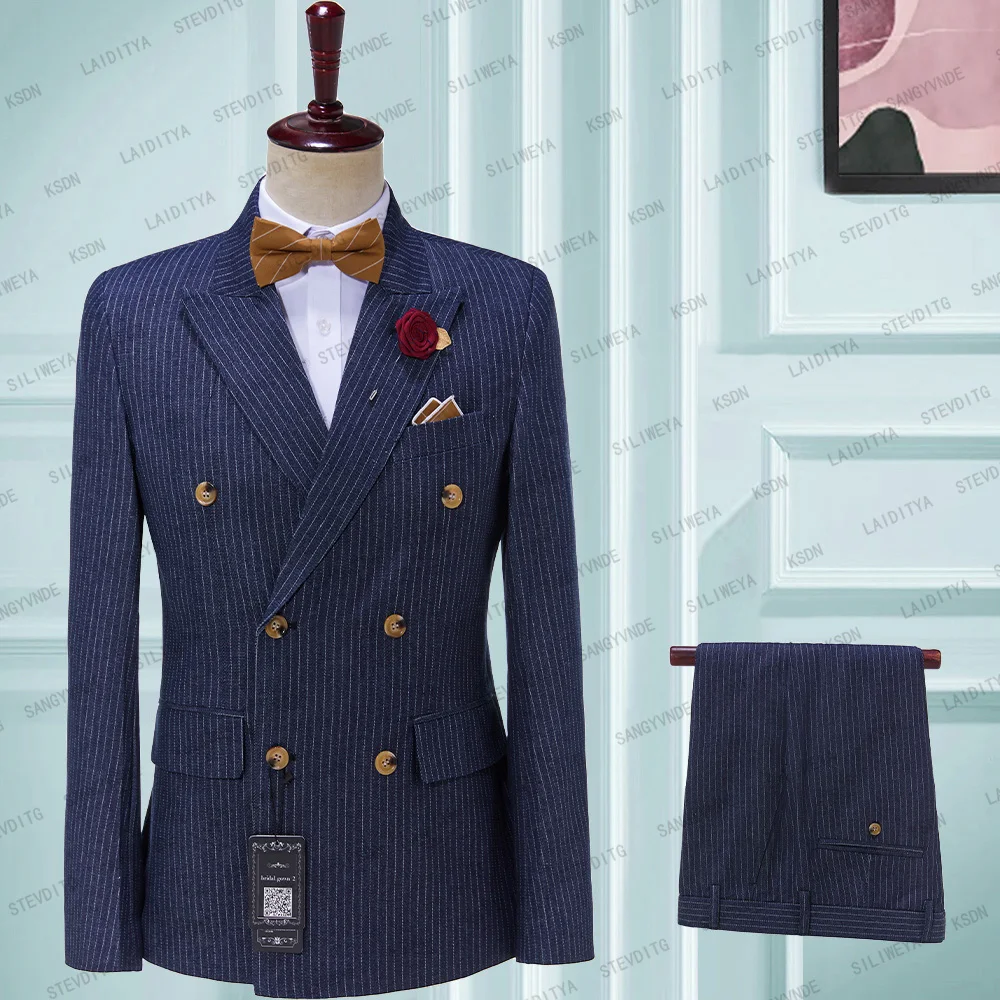 

2023 Mens Suits 2 Pieces Vintage Double Breasted Suit Denim Blue Stripe Terno Slim Large Lapels Wedding Groom Tuxedo Tailcoat