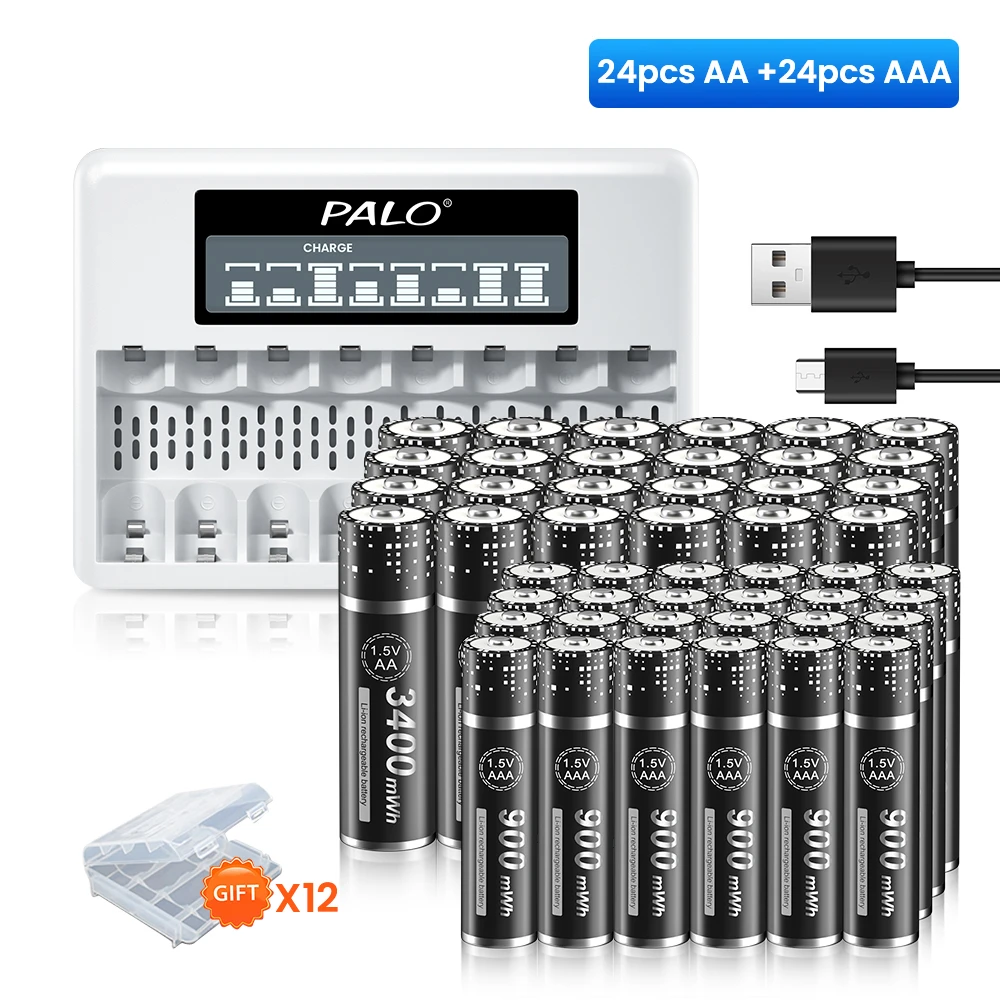

PALO 1.5V AAA AA Li-ion Rechargeable Battery 3400mWh AA Lithium Battery+900mWh AAA Li ion Battery AA AAA Battery+8 Slots Charger
