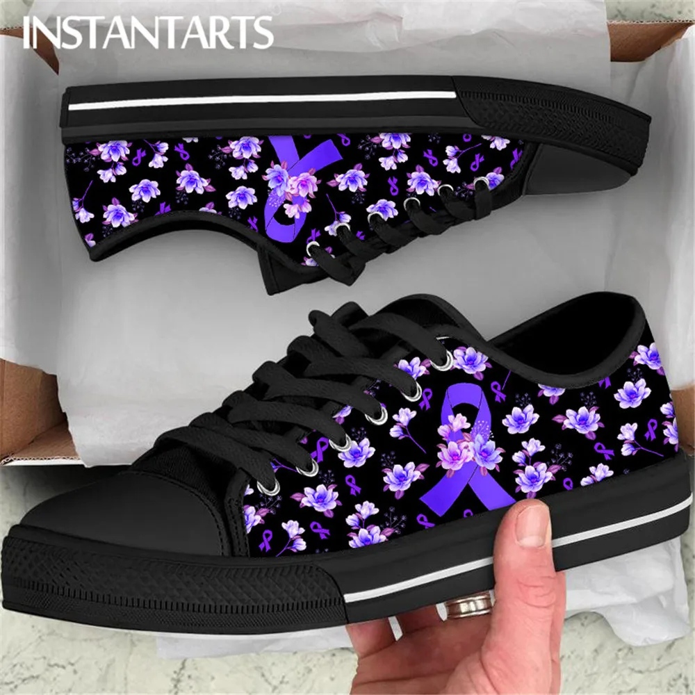 

INSTANTARTS 2023 Women's Canvas Low Top Sneakers Purple Ribbon Brain Awareness Floral Printed Flat Shoes for Ladies Soft Tennis
