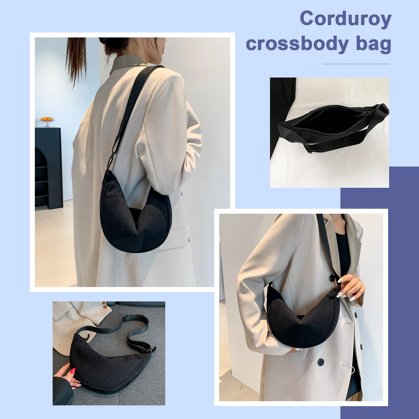 Corduroy Ladies Sling Bag Adjustable Strap Casual Commuting Bag