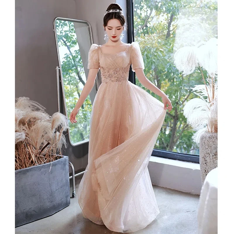 Evening Party Dresses for Women 2025 New Light Luxury High End Luxury Dress Banquet Style Champagne Long Summer Short Sleeeve LA