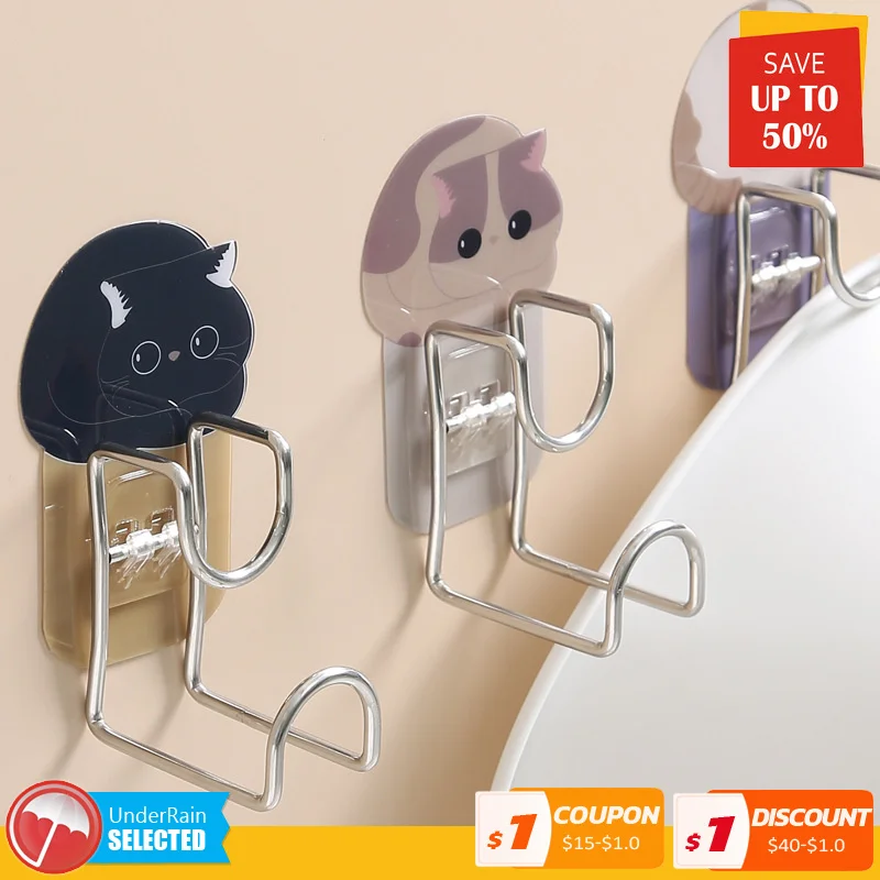 

Cartoon Cat Stainless Steel Self Adhesive Wall Coat Rack Key Holder Rack Towel Hooks Clothes Rack Hanging Bathroom Accessories