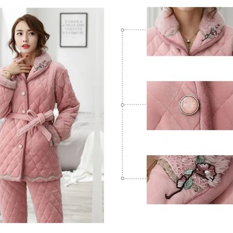 2024 New Pajama Women Winter Thicken Velvet Loungewear Warm Coral Velvet Lace-up Homewear Set Three Layers of Cotton Sleepwear