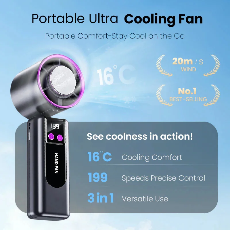 3 IN 1 Handheld Fan, Mini Fan with Flashlight and Cooling, with Air Turbo Cooling Fan for Outdoor Activities, Travel, Working